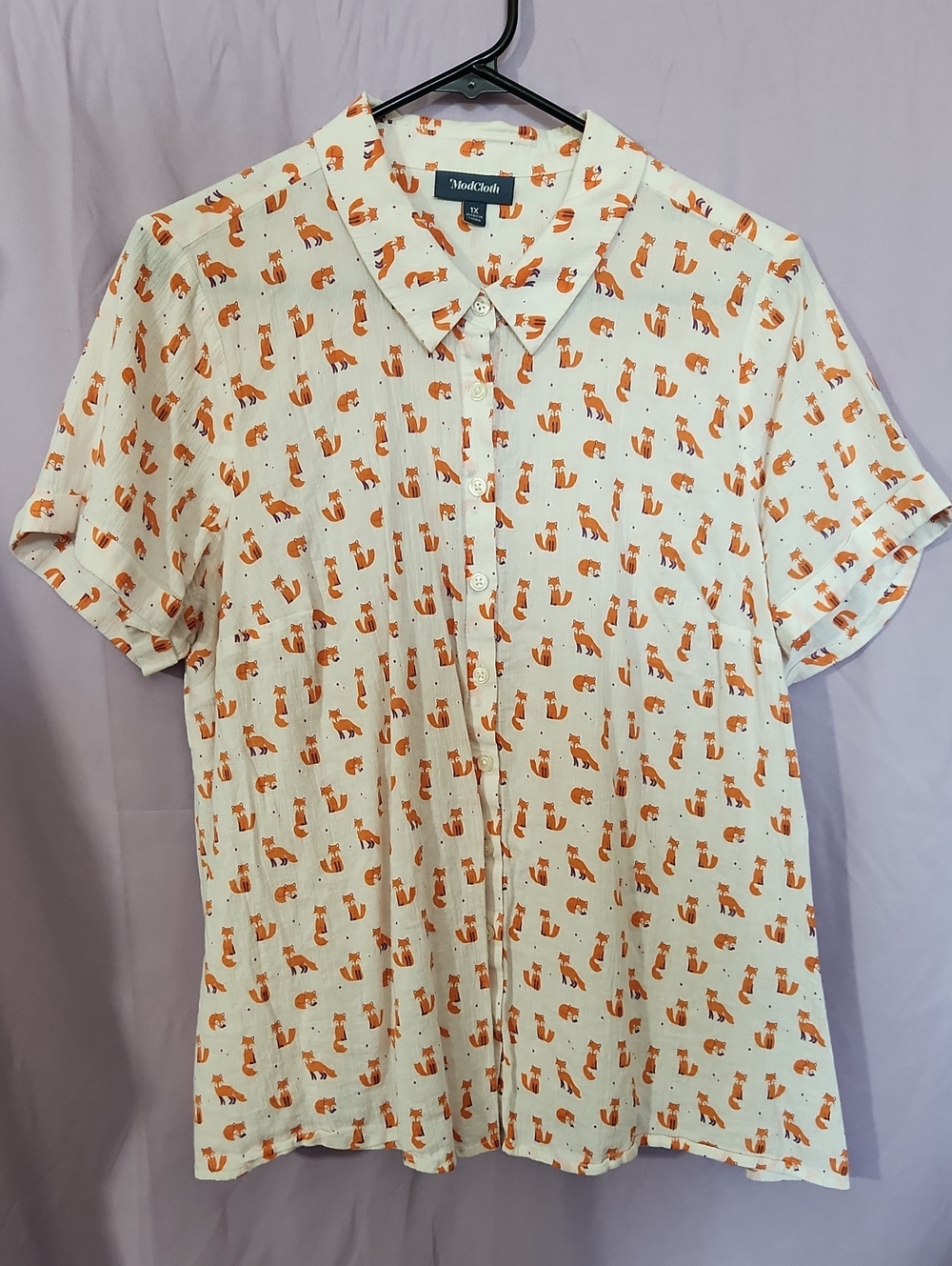 Modcloth Cream Button-Up Shirt with Orange Fox Print